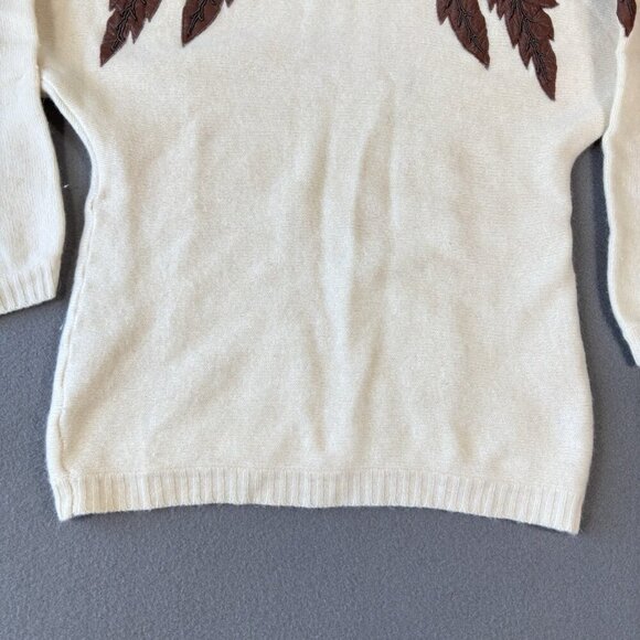 Vintage Emilio Rossi Lambswool Angora Sweater White Knitted Brown Leafs Sz M - Picture 3 of 13